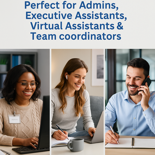 Three people working on computers and phones with text 'Perfect for Admins, Executive Assistants, Virtual Assistants & Team coordinators' above.