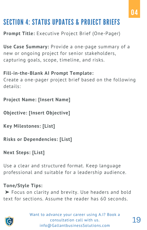 Fill-in-the-Blank AI Prompt Template for creating a one-pager project brief with project details.
