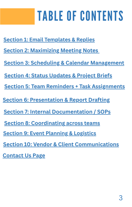 Table of contents for a document on communication and management tasks.
